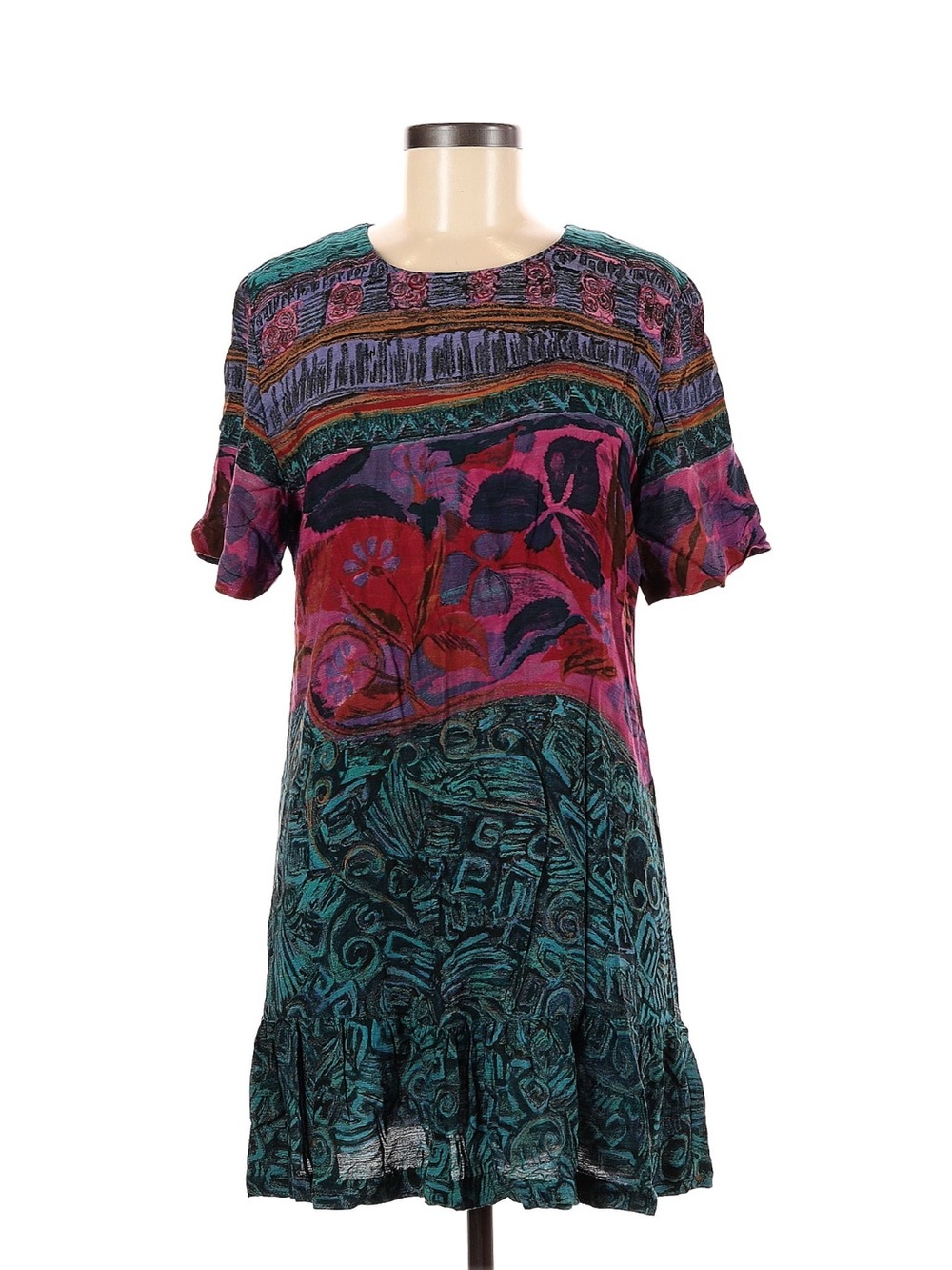Carole Little Teal, Magenta & Black Floral Abstract Short Dress vintage fits S M